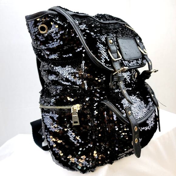Black Sequined Leather Backpack Zippers Rivets Snaps Buckles Large Shiny Wow main image 8